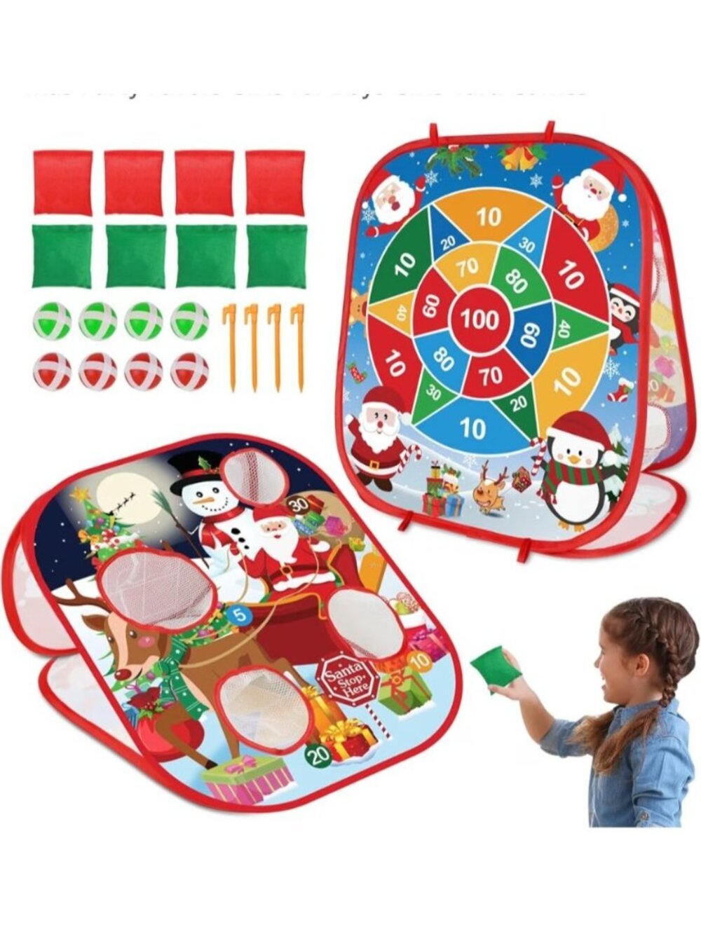 Christmas Bean Bag Toss & Dart Board Game Set Kids Adults Indoor/Outdoor Holiday